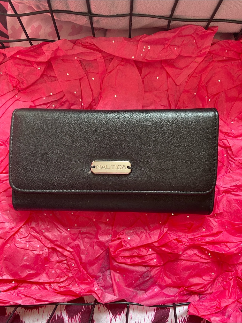 Nautica Black Leather Trifold Wallet with Silver Logo Plate